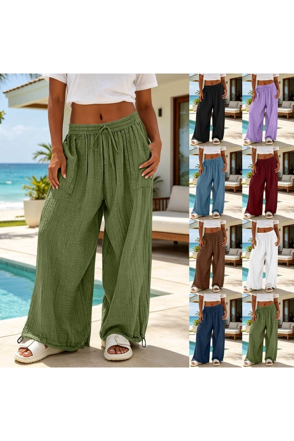 Womens Cotton Linen Jogger Pants Drawstring Elastic Waist Solid Color Loose Wide Leg Trousers with Side Pockets for Summer Vacation Army Green XL(XL)