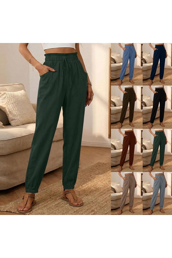 Womens Cotton Linen Joggers Ruffled Elastic Waist Loose Fit Pants Drawstring Solid Cinch Bottom Pants for Summer Vacation with Pocket
