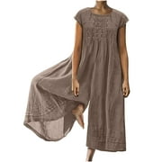Womens Cotton Linen Jumpsuit Plus Size O-Neck Casual Short-Sleeve Cropped Top Zipper Flowy Wide-Leg Jumpsuit Comfy Breathable Overalls(XL,Brown)