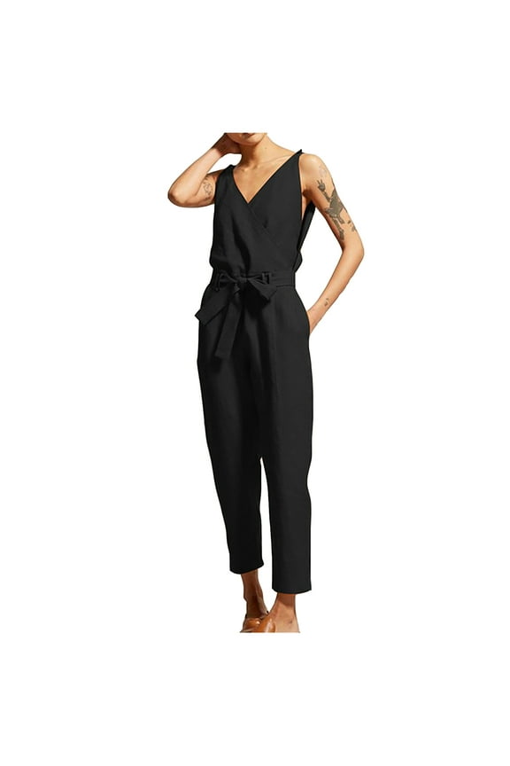 Womens Cotton Linen Jumpsuits Wrap V Neck Sleeveless Onesie Summer Casual Loose Fitted Solid Rompers Jumpsuit