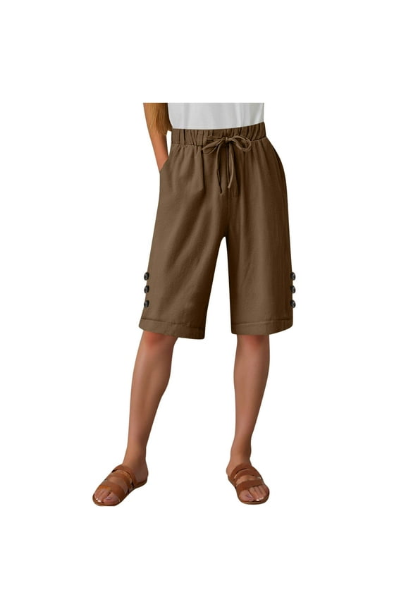 Womens Cotton Linen Long Shorts Knee Length Pockets Drawstring Elastic Waist Wide Leg Short Pants, Brown|Short S