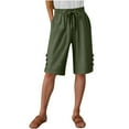thumbnail image 1 of Womens Cotton Linen Long Shorts Knee Length Pockets Drawstring Elastic Waist Wide Leg Short Pants, Green|Short XXL, 1 of 7