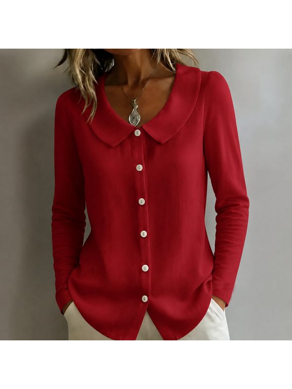 Womens Cotton Linen Long Sleeve Button Down Blouse Peter Pan Collar Casual Shirt Work Puff Cuff Tops Red M