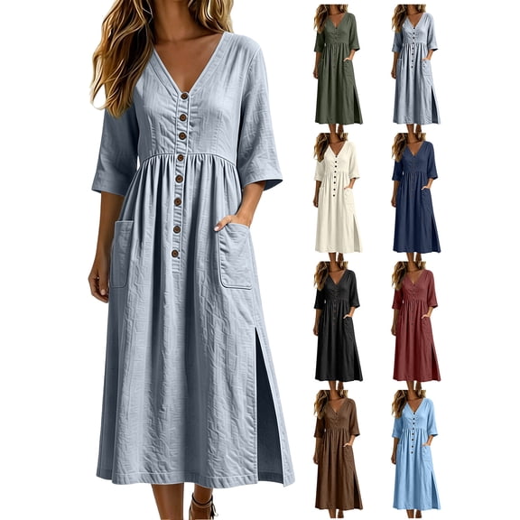 Womens Cotton Linen Loose Dress V Neck 3/4 Sleeve Casual Midi Dress Side Slit with Pockets Button Front Decor