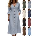 thumbnail image 1 of Womens Cotton Linen Loose Midi Dress V Neck 3/4 Sleeve Casual Dress with Pockets Button Front Decor, 1 of 8