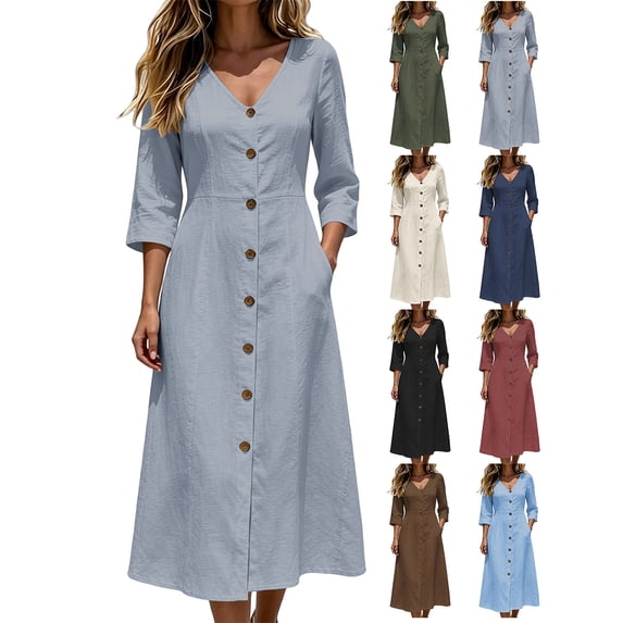 Womens Cotton Linen Loose Midi Dress V Neck 3/4 Sleeve Casual Dress with Pockets Button Front Decor