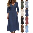 thumbnail image 1 of Womens Cotton Linen Loose Midi Dress V Neck 3/4 Sleeve Casual Dress with Pockets Button Front Decor, 1 of 8