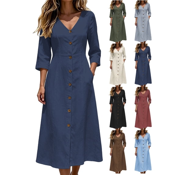 Womens Cotton Linen Loose Midi Dress V Neck 3/4 Sleeve Casual Dress with Pockets Button Front Decor