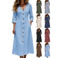 thumbnail image 1 of Womens Cotton Linen Loose Midi Dress V Neck 3/4 Sleeve Casual Dress with Pockets Button Front Decor, 1 of 8