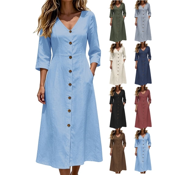 Womens Cotton Linen Loose Midi Dress V Neck 3/4 Sleeve Casual Dress with Pockets Button Front Decor