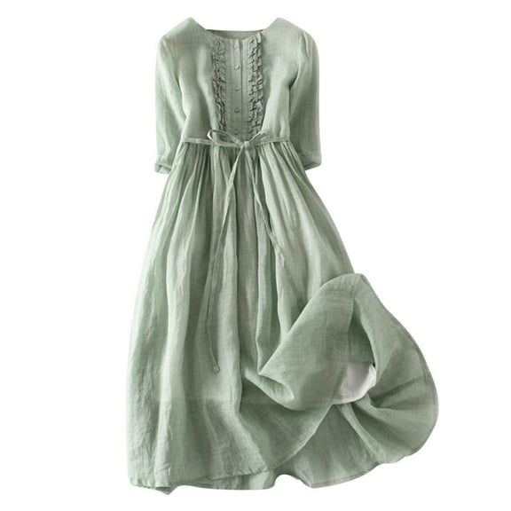 Womens Cotton Linen Maxi Dress Vintage Flowy Tie Belted Pleated Summer Beach Casual Loose 3/4 Sleeve Long Dresses Green L