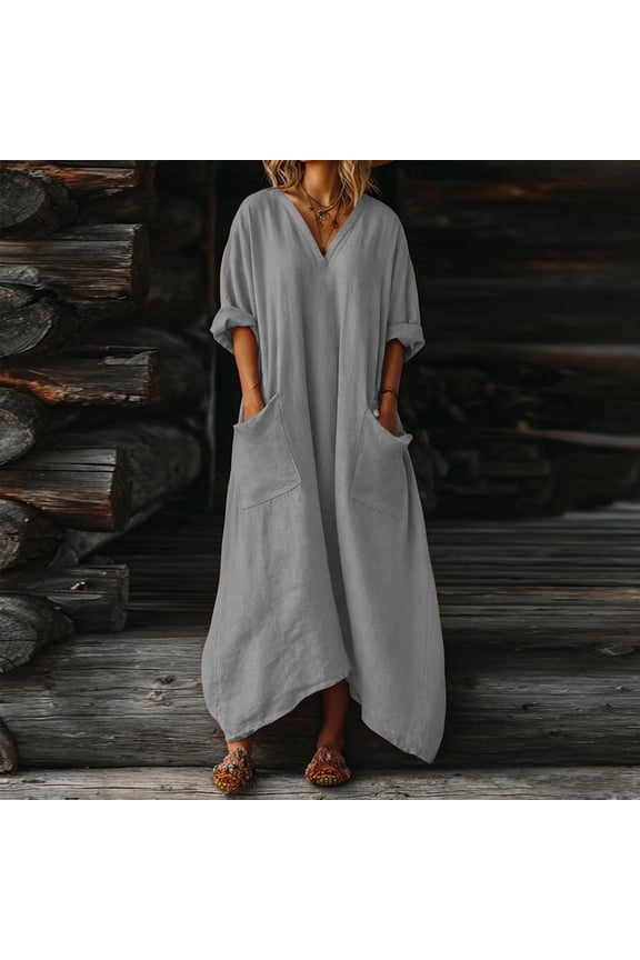 Womens Cotton Linen Maxi Dresses Casual 3/4 Sleeve V Neck Loose Long Kaftan Dress with Pockets Summer Flowy Sundress