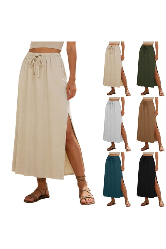 Womens Cotton Linen Maxi Skirt A-Line Beach Skirt Elastic Drawstring Waist Side Slit Summer Skirt with Pockets Beige XL(XL)