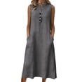 thumbnail image 1 of Womens Cotton Linen Midi Dress Casual Button Henley Sleeveless Sundress Summer Loose Beach Tank Dresses with Pockets, 1 of 6
