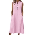 thumbnail image 1 of Womens Cotton Linen Midi Dress Casual Button Henley Sleeveless Sundress Summer Loose Beach Tank Dresses with Pockets, 1 of 6