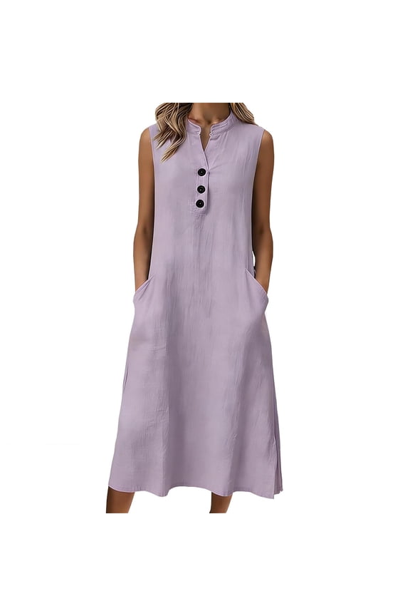 Womens Cotton Linen Midi Dress Casual Button Henley Sleeveless Sundress Summer Loose Beach Tank Dresses with Pockets