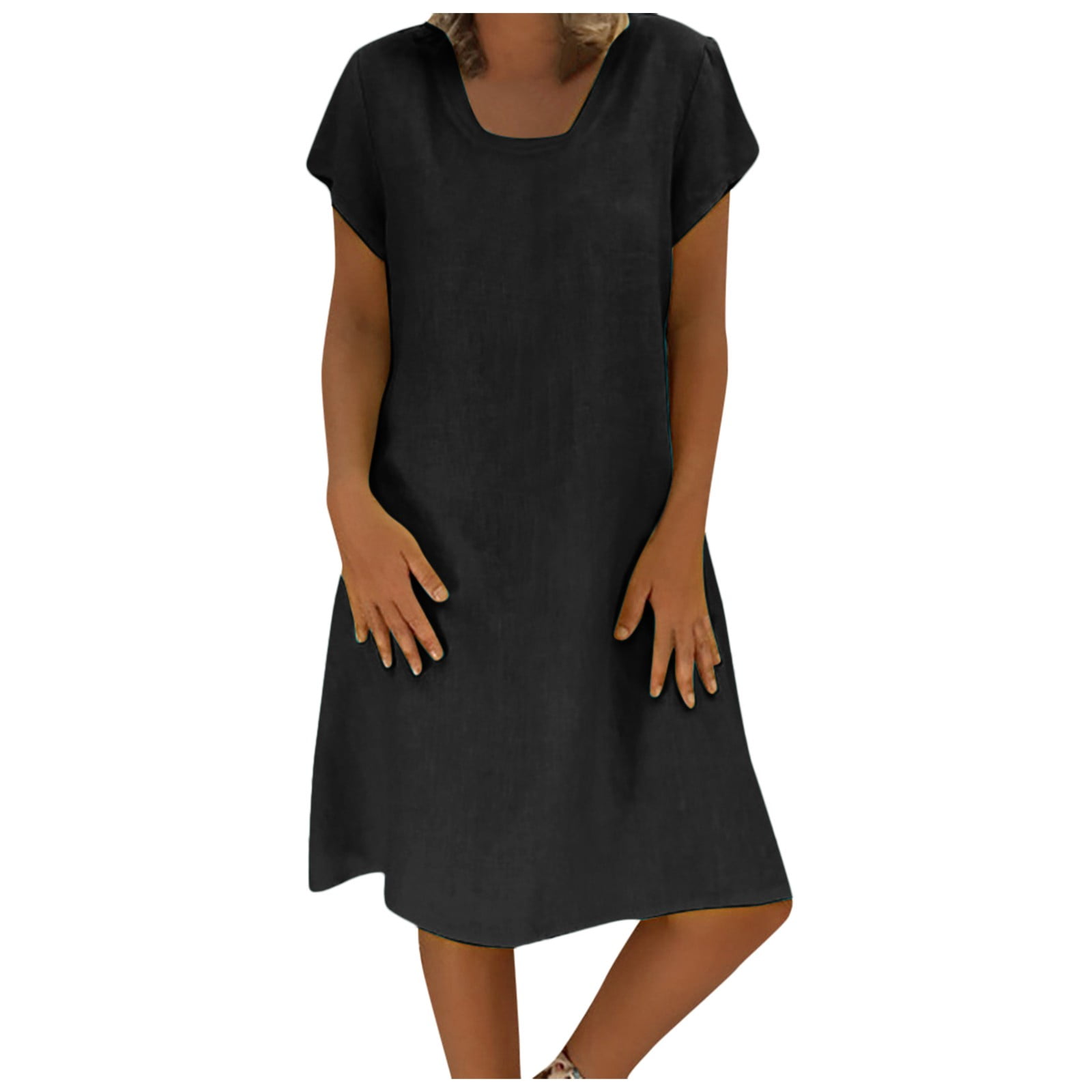 Womens Cotton Linen Midi Dress Summer Solid Color Short Sleeve VNeck T