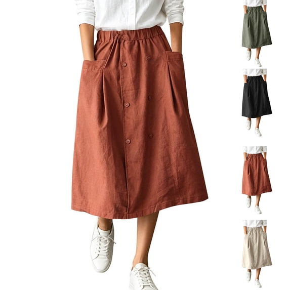 Womens Cotton Linen Midi Skirt Elastic High Waist Loose A-Line Solid Casual Vintage Flared Skirt with Side Pockets Wine XL(XL)