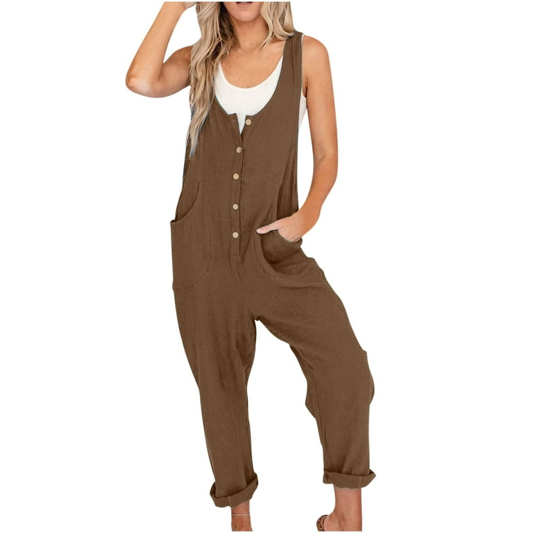 Womens Cotton Linen Overalls Casual Baggy Tank Jumper Adjustable Strap Button Down Pocketed Jumpsuits and Rompers 2XL Brown Walmart