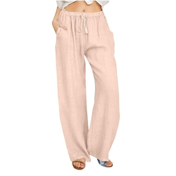 Womens Cotton Linen Palazzo Pants Drawstring Elastic Waist Casual Wide Leg Beach Pants Summer Loose Fit Trousers