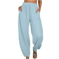 thumbnail image 1 of Womens Cotton Linen Palazzo Pants Drawstring Elastic Waist Casual Wide Leg Trousers with Big Pockets Loose Flowy Beach Pants, 1 of 7