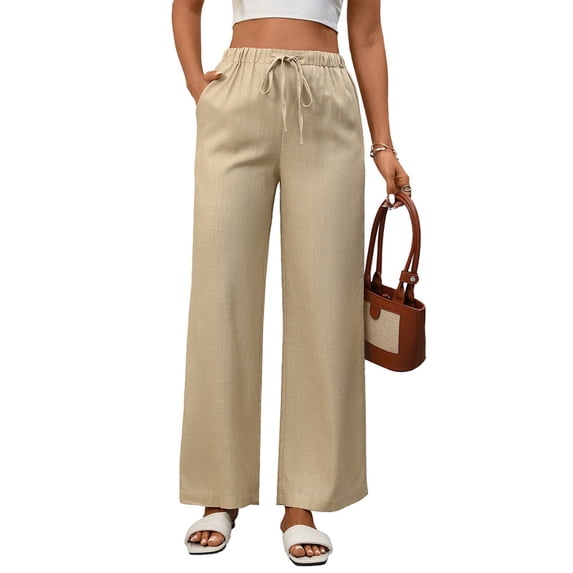 Womens Cotton Linen Palazzo Pants Drawstring Elastic Waist Casual Wide Leg Trousers with Pockets Apricot Color XL