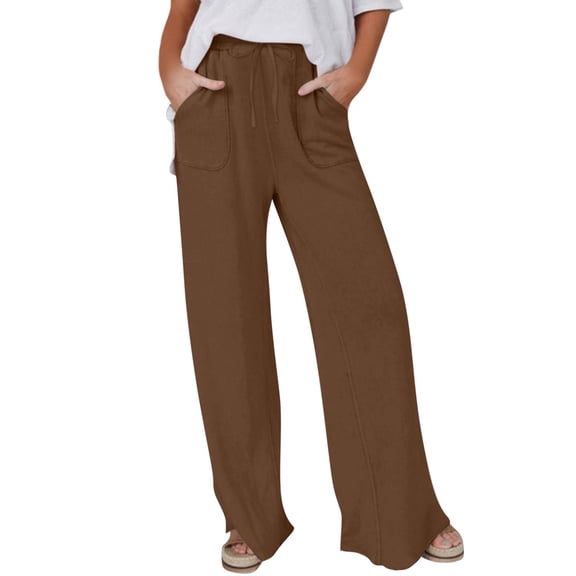 Womens Cotton Linen Palazzo Pants Drawstring Elastic Waist Flowy Pants Casual Wide Leg Trousers with Pockets Brown,L