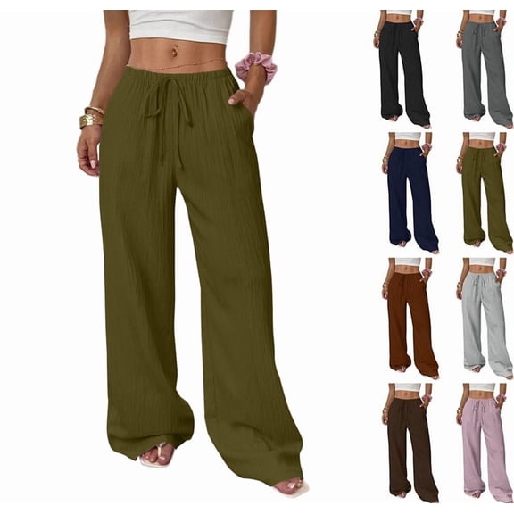 Womens Cotton Linen Palazzo Pants Drawstring Flowy Pants Wide Leg Summer Beach Linen Trousers with Pocket Army Green M