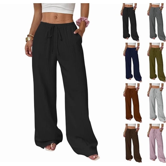 Womens Cotton Linen Palazzo Pants Drawstring Flowy Pants Wide Leg Summer Beach Linen Trousers with Pocket Black XXL