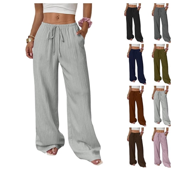 Womens Cotton Linen Palazzo Pants Drawstring Flowy Pants Wide Leg Summer Beach Linen Trousers with Pocket Light Gray M