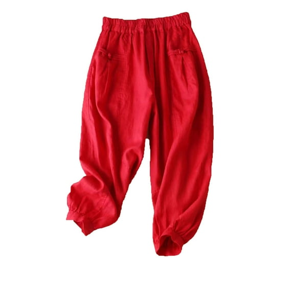 Womens Cotton Linen Pants Casual Elastic Waist Wide Leg Pants Solid Loose Comfy Crop Lounge Trousers with Pockets