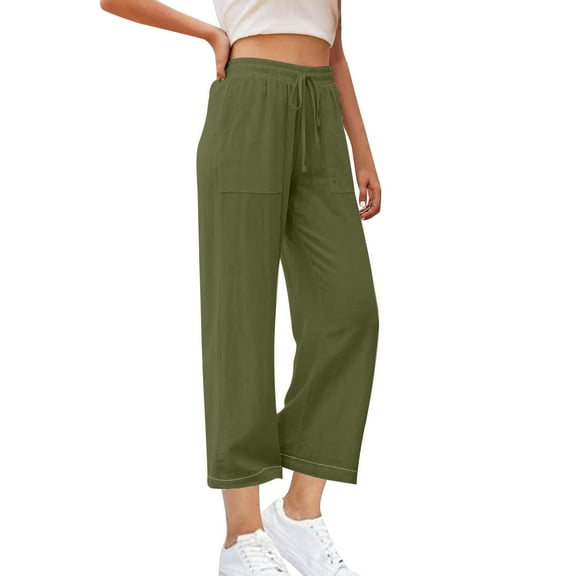 Womens Cotton Linen Pants Drawstring Elastic High Waisted Wide Leg Casual Loose Solid Color Comfy Trousers with Pockets,Army Green,M