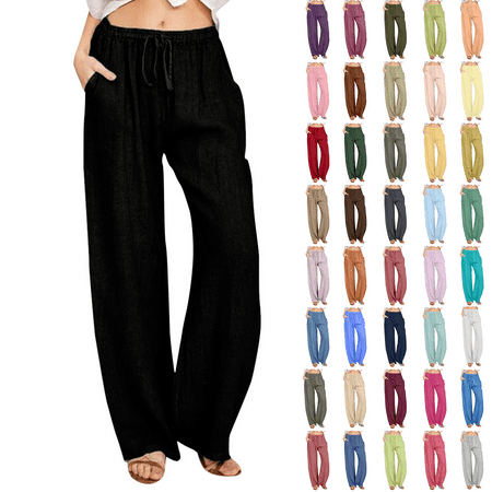 Viadha Womens Cotton Linen Pants Drawstring Waist Straight Leg Lounge Pants for Women Solid Color Slacks with Pockets Sizes S-4XL