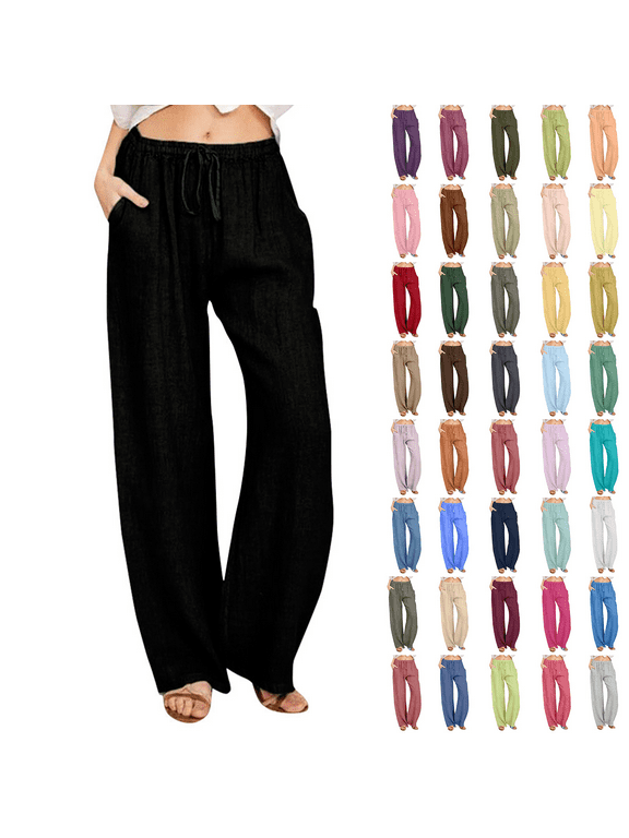 Womens Cotton Linen Pants Drawstring Waist Straight Leg Lounge Pants for Women Solid Color Slacks with Pockets Sizes S-4XL
