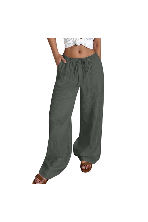 Womens Cotton Linen Pants Drawstring Waist Straight Leg Lounge Pants for Women Solid Color Slacks with Pockets