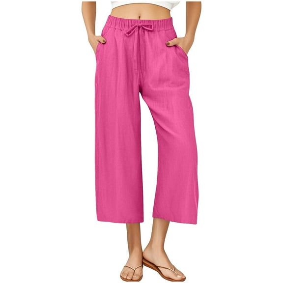 Womens Cotton Linen Pants Drawstring Waist Straight Leg Lounge Pants for Women Solid Color Slacks with Pockets
