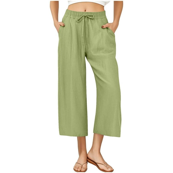 Womens Cotton Linen Pants Drawstring Waist Straight Leg Lounge Pants for Women Solid Color Slacks with Pockets