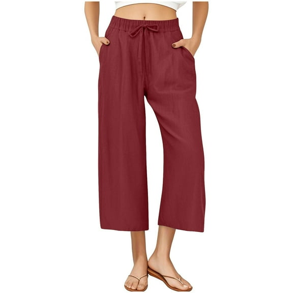 Womens Cotton Linen Pants Drawstring Waist Straight Leg Lounge Pants for Women Solid Color Slacks with Pockets