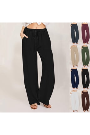 Womens Cotton Linen Pants Drawstring Waist Straight Leg Lounge Pants for Women Solid Color Slacks