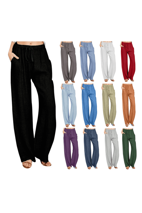 Womens Cotton Linen Pants Drawstring Waist Straight Leg Lounge Pants for Women Solid Color Slacks