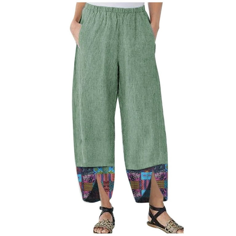 Ethnic Style Cotton Linen Summer Women's Pants Printing Drawstring Waist  Pants Trousers Loose Casual Pants