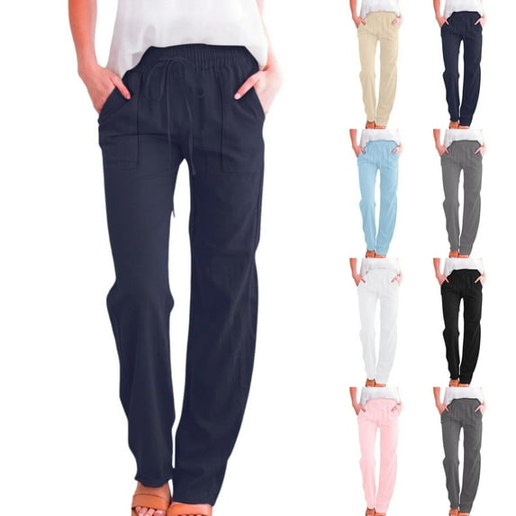 Womens Cotton Linen Pants Lightweight Drawstring Elastic Waist Pant Casual Wide Leg Lounge Trousers with Pockets Navy M