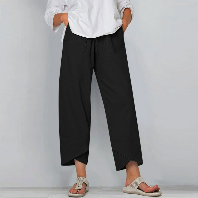 Womens Cotton Linen Pants Sale Plus Size Casual Flowy Wide Leg Drawstring Elastic Waist Solid Color Straight Pants Capri Joggers Trousers with Pockets Black qILAKOG Size S Walmart