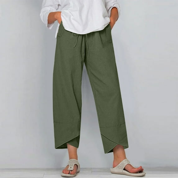 Womens Cotton Linen Pants Sale Plus Size Casual Flowy Wide Leg Drawstring Elastic Waist Solid Color Straight Pants Capri Joggers Trousers with Pockets Army Green qILAKOG Size S