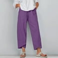 thumbnail image 1 of Womens Cotton Linen Pants Sale Plus Size Casual Flowy Wide Leg Drawstring Elastic Waist Solid Color Straight Pants Capri Joggers Trousers with Pockets Purple qILAKOG Size M, 1 of 6