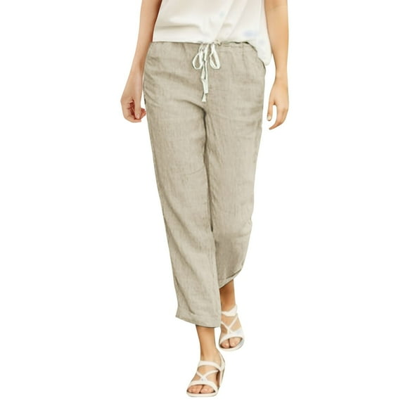 Womens Cotton Linen Pants Solid Color Drawstring Pocket Cropped Pants Women's Casual Trousers Sweatpants Commuting Comfort Dailywear