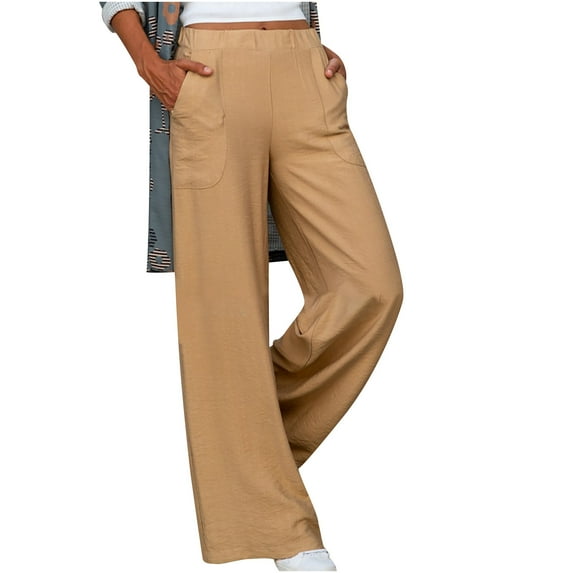 Womens Cotton Linen Pants Solid Elastic Waist Straight Wide Leg Pants with Pockets for Office Work Comfy Loungewear PantsXLKhaki