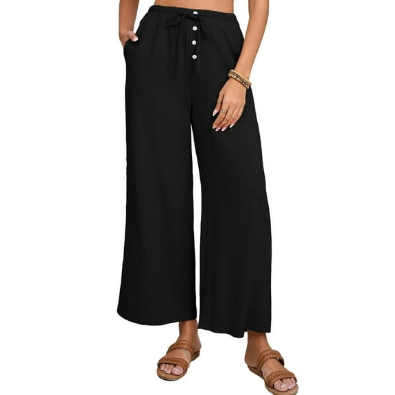 Womens Cotton Linen Pants Summer Casual Beach Pants Drawstring Flowy Wide Leg Palazzo Trousers with Pockets Black L