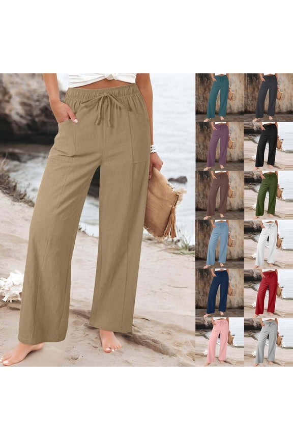 Womens Cotton Linen Pants Summer Drawstring Waist Straight Leg Lounge Palazzo Pants Casual Loose Trousers Army Green L
