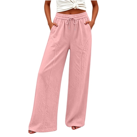 Womens Cotton Linen Pants Summer Solid Color Loose Straight Leg Drawstring Pants with Elastic Waist Flowy Wide Leg Beach Trousers with Pockets